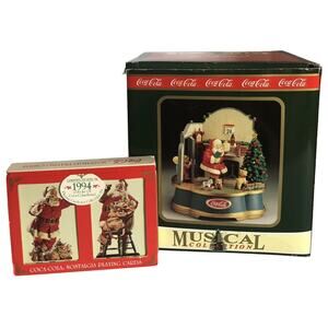 Vtg Coca-Cola Christmas Collectibles Santa Musical and 2 Decks Playing Cards NOB